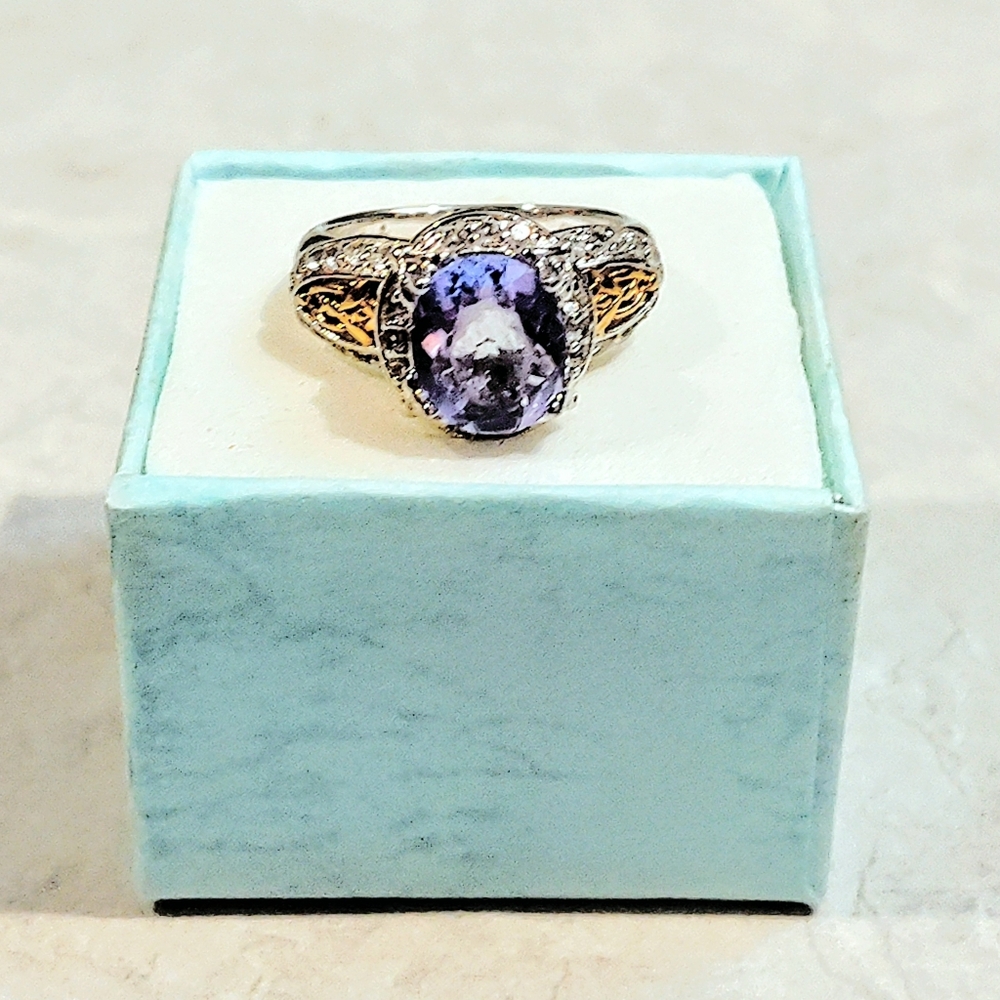 VINTAGE STERLING SILVER 2ct TANZANITE RING WITH DIAMOND CHIPS & 14K GOLD ACCENTS - Picture 7 of 16